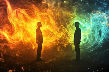 Fototapeta premium glowing energy lines drawn between therapist and client spiritual energy exchange