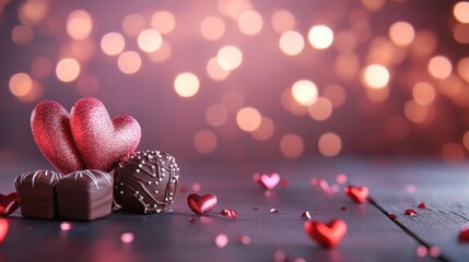  A glittery pink heart surrounded by assorted chocolates with a blurred bokeh background.