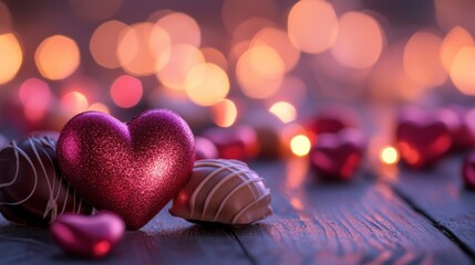 A glittery pink heart surrounded by assorted chocolates with a blurred bokeh background.