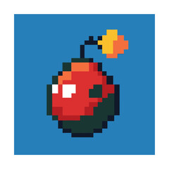 Fototapeta premium Pixelated retro bomb illustration with fuse and spark symbol on a blue background