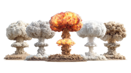 Apocalyptic Combustion: A collection of explosive mushroom clouds rises majestically, offering a glimpse of raw energy, fiery and chaotic.