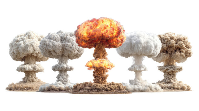 Apocalyptic Combustion: A collection of explosive mushroom clouds rises majestically, offering a glimpse of raw energy, fiery and chaotic.