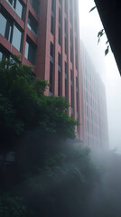 modern brutalism building with lush greenery, created by generative ai