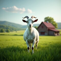 Obraz premium Goat standing in the fieldGoat standing in green grassy fieldGoat with horns on headWhite goat
