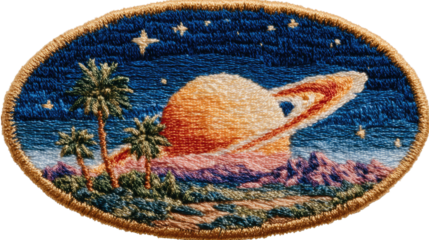 Interstellar Patch: A whimsical patch design showcasing a captivating cosmic landscape with an otherworldly planet, palm trees and night sky.