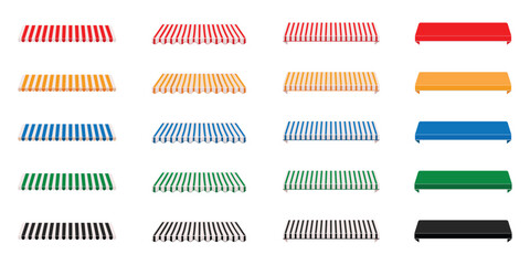 Vector illustration collection of striped shop canopy, store window awnings. Cafe sunshade, store awning or roof with stripes