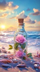 Obraz premium 3D digital art, realistic painting style, ocean beach with sand and shells in the background, sea waves, beautiful sky, small glass bottle on top of the beach covered by pearls, pink roses and green 