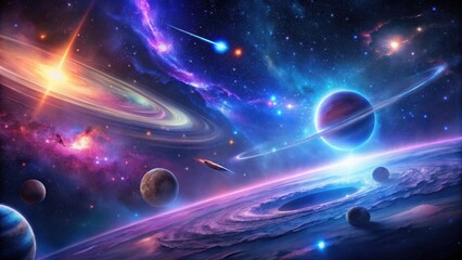 A Cosmic Ballet Planets, Nebulae, and a Lone Spaceship Journey Through the Vibrant Expanse of the Universe