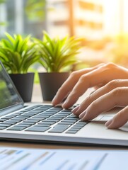 Hands typing on laptop keyboard, near plants and documents