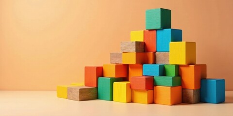 Fototapeta premium A vibrant arrangement of colorful wooden blocks forming an ascending structure, symbolizing growth, development, and creative construction.
