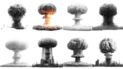 Atomic Blast: A visual narrative of immense power and destruction, featuring a series of atomic blasts. The mushroom clouds billow and evolve.