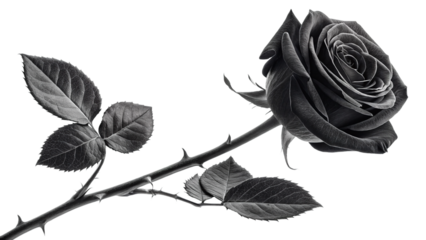 A solitary black rose, elegantly poised, whispers tales of mystery and enduring love against a stark white backdrop in dramatic monochrome.