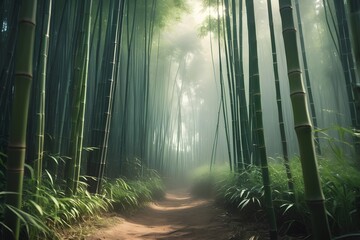 Naklejka premium Serene Path Through a Misty Bamboo Forest