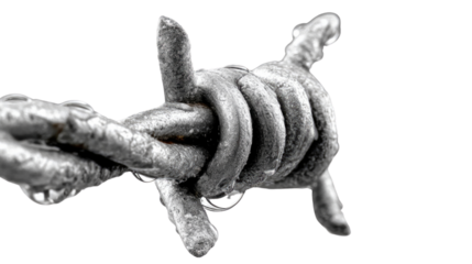 Barbed Wire Close-up: A stark monochrome portrayal of barbed wire, capturing the sharp, piercing nature of the steel. Close-up view, the image evokes feelings of confinement, protection.