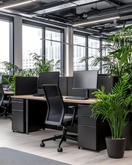 Modern, minimalist office space with sleek workstations, black filing cabinets, and lush potted plants