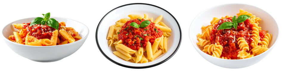 Pasta with tomato sauce in a bowl, isolated on a transparent background 