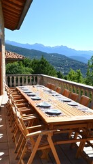 Obraz premium Outdoor dining setting with mountain view
