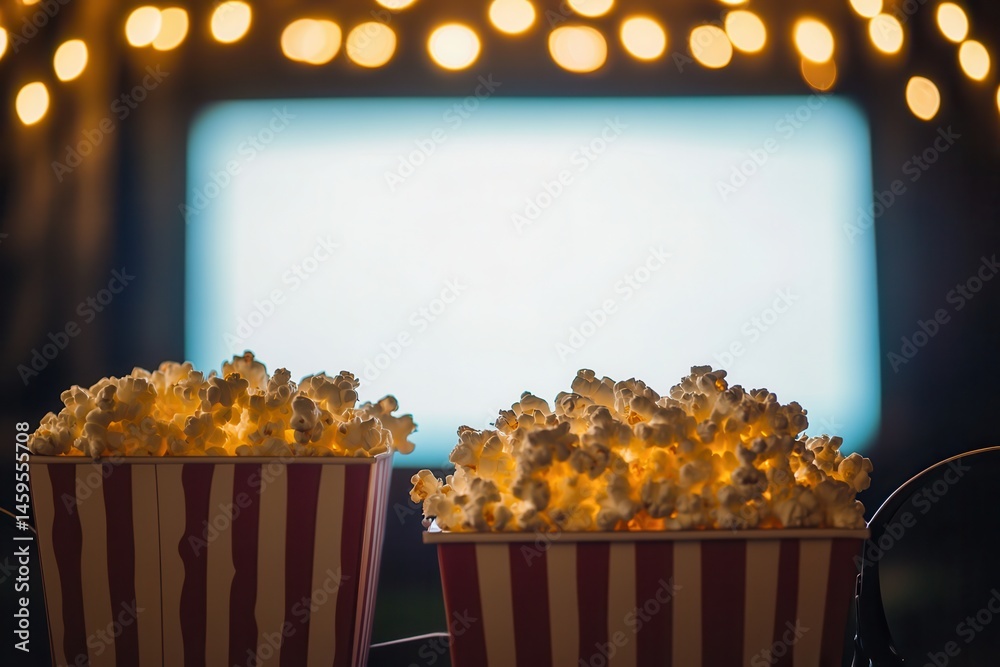 Poster Two buckets of popcorn sit in front of a glowing screen, creating a classic movie night scene. String lights add to the ambiance.