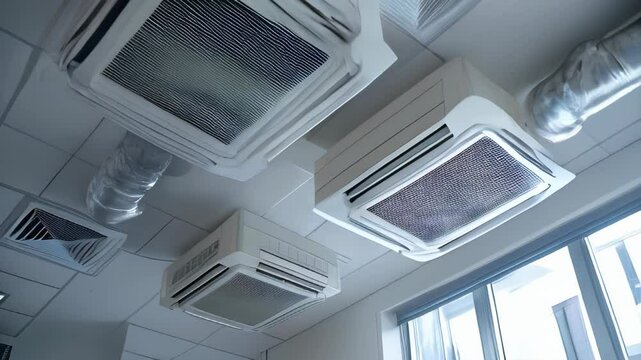 Cassette-type air conditioners mounted on the ceiling, along with additional ventilation system elements such as pipes, cables, and vents, set within a commercial space featuring a suspended ceiling.