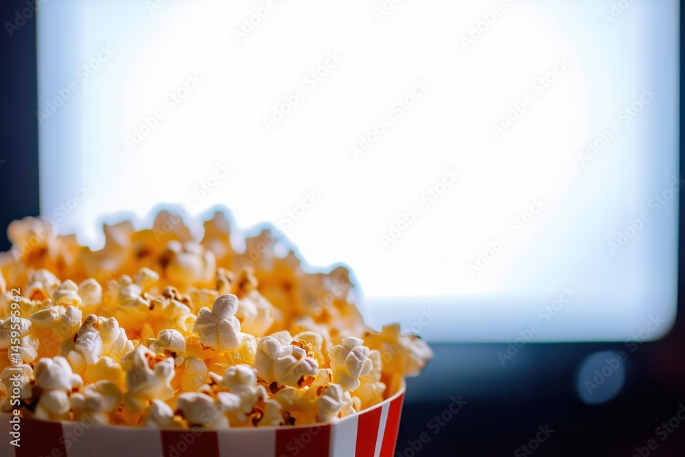 Poster a delicious bucket of popcorn ready for a movie night, filling the red and white striped container, 