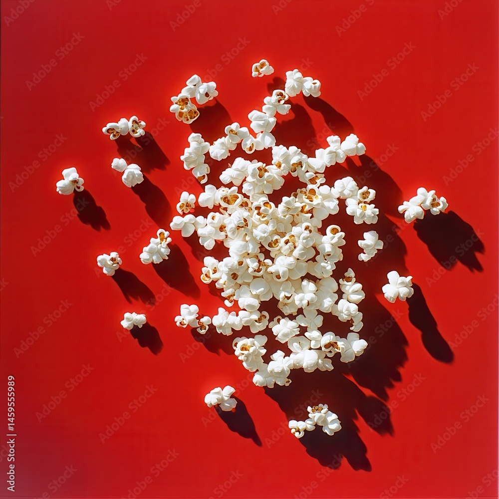 Poster overhead shot of popped kernels against a bright red backdrop, casting dark shadows. snacks scattere