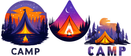 Obraz premium 3 summer camp logotypes with burning fire in front of tent, nature landscape and camp word isolated over transparent (white) background