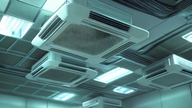 Cassette-type air conditioners mounted on the ceiling, along with additional ventilation system elements such as pipes, cables, and vents, set within a commercial space featuring a suspended ceiling.
