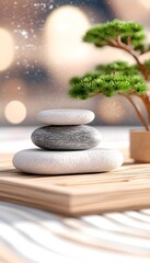 Serene Zen garden scene with stacked stones and miniature tree