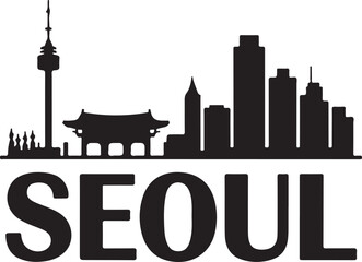 Naklejka premium Seoul City Skyline Silhouette DesignN Seoul Tower and Urban View VectorTraditional Hanok and Modern Seoul SceneNighttime Seoul Cityscape SilhouetteIconic Landmarks of Seoul Vector Art