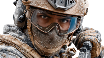 Intense Focus: A soldier, eyes locked in determination, meticulously aims his weapon, showcasing unwavering resolve in a moment of high-stakes precision.