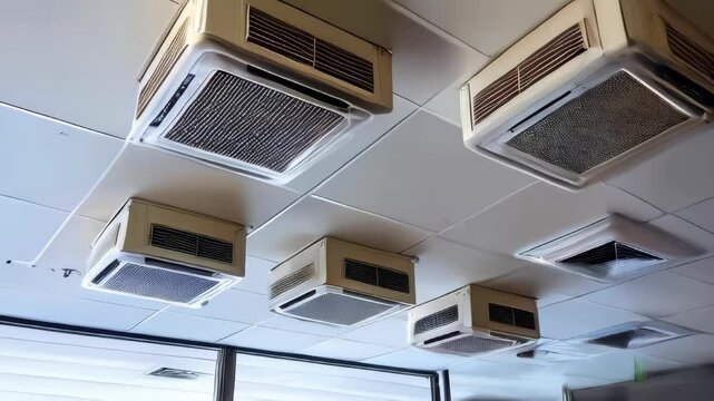 Cassette-type air conditioners mounted on the ceiling, along with additional ventilation system elements such as pipes, cables, and vents, set within a commercial space featuring a suspended ceiling.