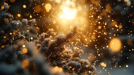 Obraz premium Snowy pine branch with sunlit bokeh