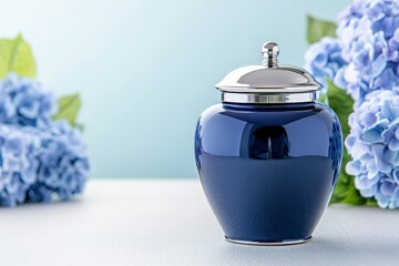 Beautiful blue urn surrounded by vibrant hydrangeas on a light background during a serene moment at home