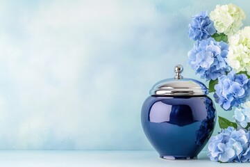 Blue decorative urn placed beside blooming hydrangea flowers with a soft blue background