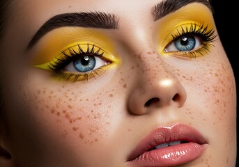 Naklejka premium Close up of a woman with blue eyes and yellow eyeshadow looking upwards with freckles on her face