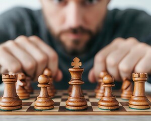 Student observing a chessboard with strategic contemplation, symbolizing logical thinking and decisionmaking