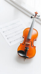 Fototapeta premium A classical violin rests beside sheet music. Its warm wood tones contrast with the clean lines and soft glow of the surrounding area, invoking a sense of harmony and artistic passion.