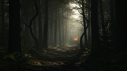 Fototapeta premium Misty Forest Trail Person Silhouette at End