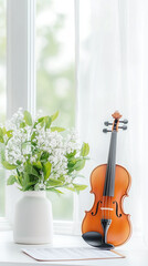 A serene still life composition featuring a classic violin, a delicate vase of flowers, and a window softly illuminated by natural light. capturing tranquility and beauty.