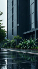 modern brutalism building with lush greenery, created by generative ai