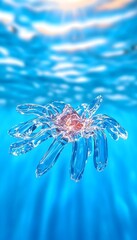 A beautiful clear water organism floats underwater towards the sun