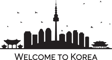 Obraz premium Seoul City Skyline Silhouette DesignN Seoul Tower and Urban View VectorTraditional Hanok and Modern Seoul SceneNighttime Seoul Cityscape SilhouetteIconic Landmarks of Seoul Vector Art
