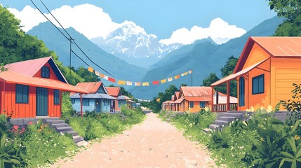 A street with houses on both sides and a mountain in the background