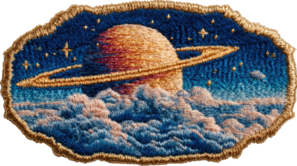 Cosmic Wonders: A serene depiction of planet Saturn gracefully positioned amidst a tapestry of fluffy clouds and twinkling stars. Capturing the infinite beauty of space with an ethereal touch.