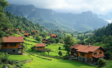Mountain village homes, green valley, scenic landscape, travel postcard