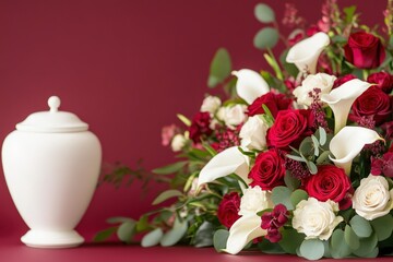 Elegant floral arrangement with red roses and a white urn on a rich background for a commemorative occasion