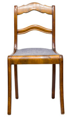 This wooden chair features a classic design with a smooth finish and a fabric seat. It is set...