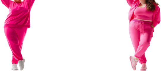 two happy, carefree plus size women in pink sportswear enjoying good mood; plus size sports fashion concept; people isolated over transparent (white) background