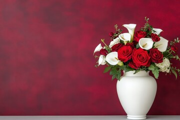 Fototapeta premium Beautiful arrangement of red roses and white calla lilies in a white vase against a rich red backdrop