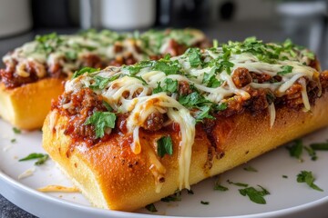 Two baked sandwiches topped with melted cheese, meat and chopped herbs, on a white plate.